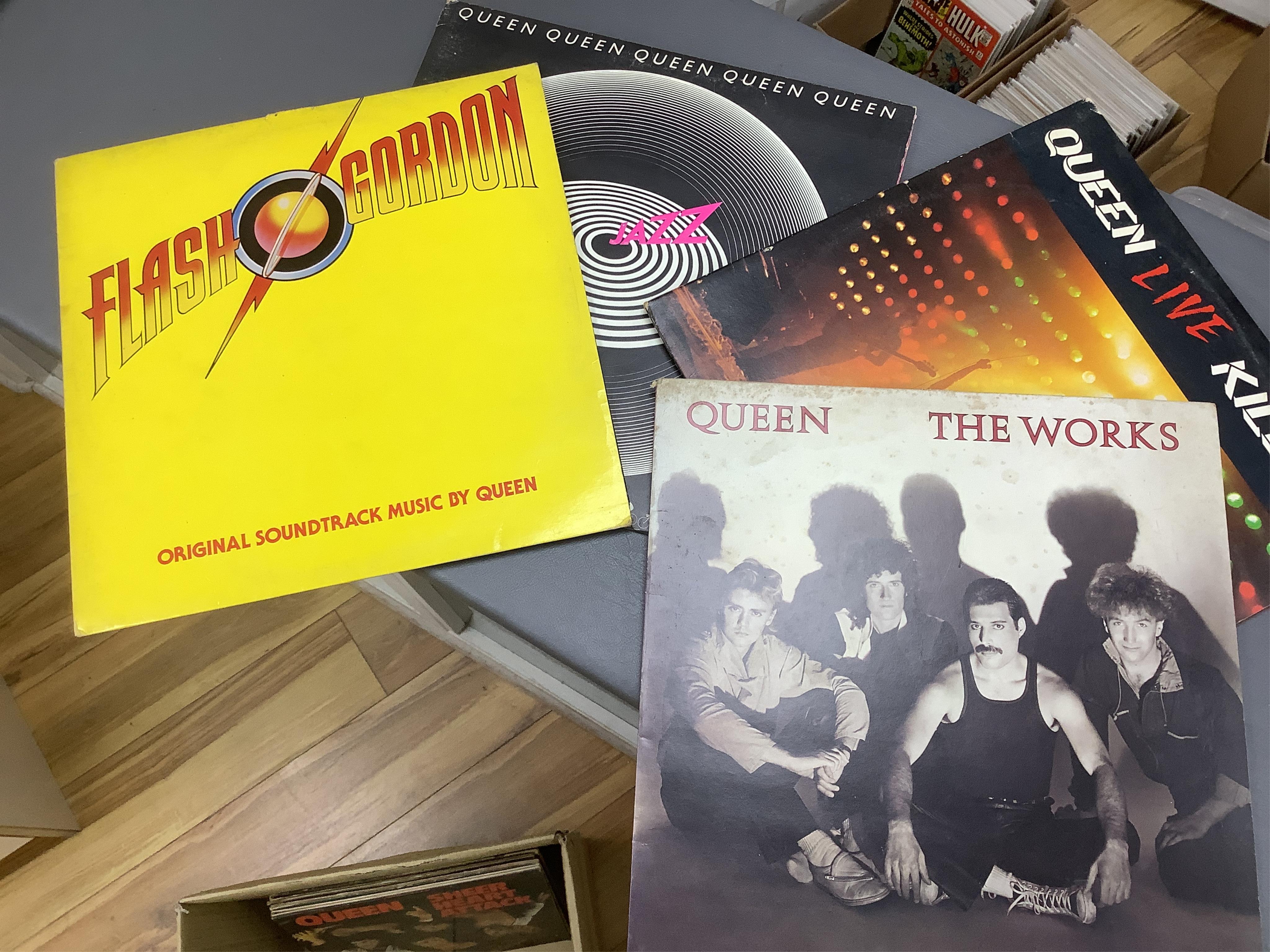 Queen related LPs and other items comprising; fifteen albums including; Queen II, Sheer Heart Attack, a Night at the Opera, Jazz (with poster), Live Killers, Starfleet Project, Mr. Bad Guy, Fun in Space, Strange Frontier